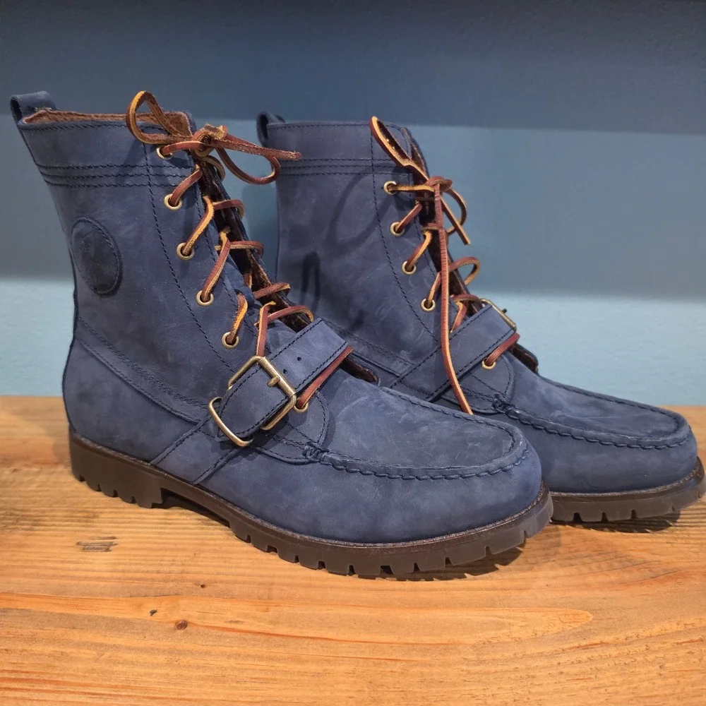 Polo Ralph Lauren Mens Ranger Boots Navy Blue Nubuck Leather Buckle Strap 9.5